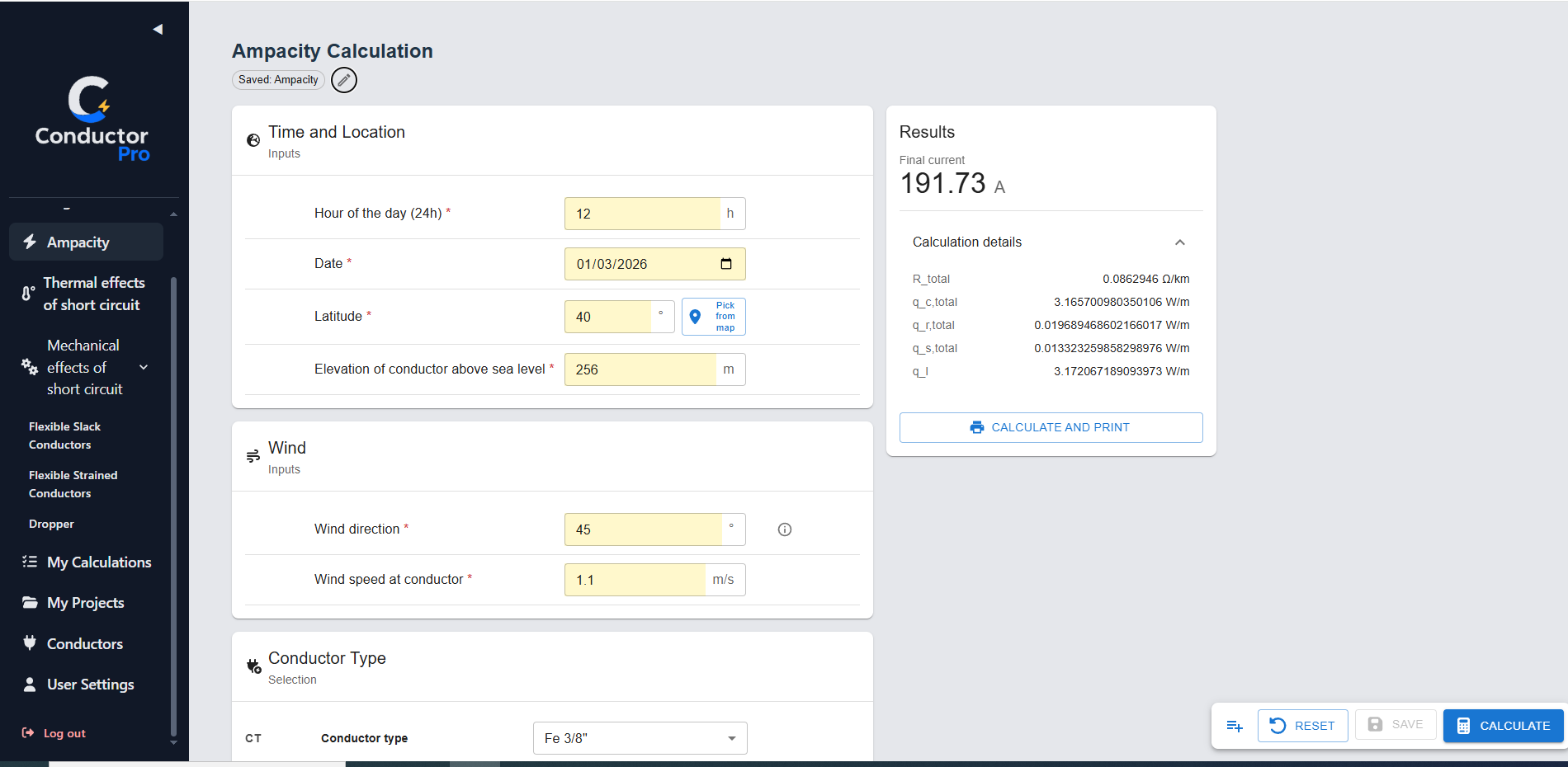 ConductorPro conductor ampacity calculation screen