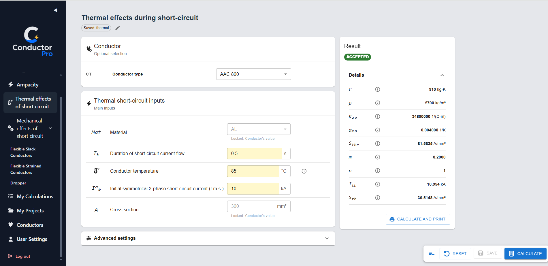 ConductorPro short-circuit thermal effects calculation screen